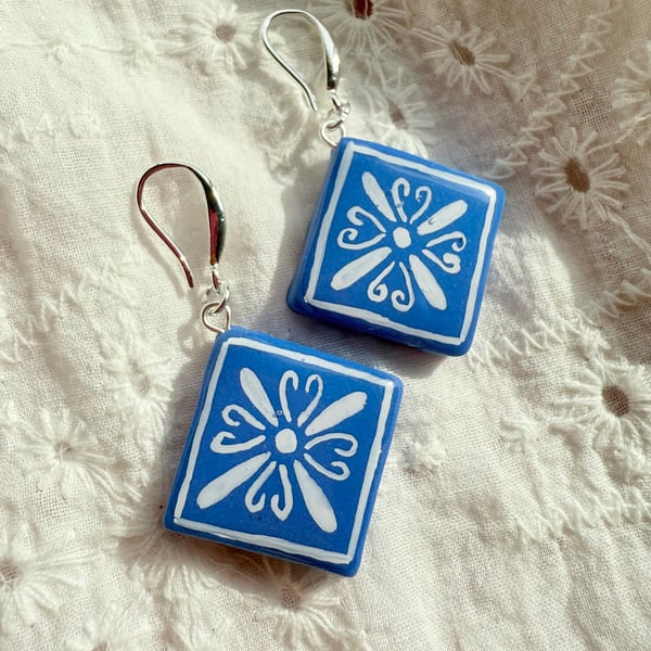 Blue Tile Earrings – Hand Painted Azulejo Inspired Jewelry with Silver Hooks