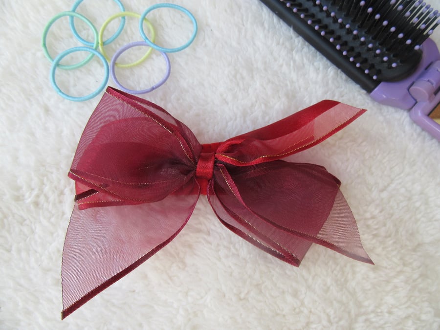 Red ribbon bow hair clip