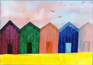 Beach huts original encaustic art painting 