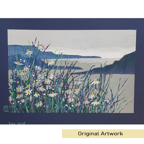 Sea View with Daisies, mixed media painting, small landscape artwork
