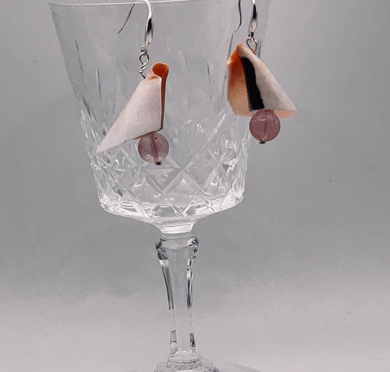 Peach and black curled shell drop earrings