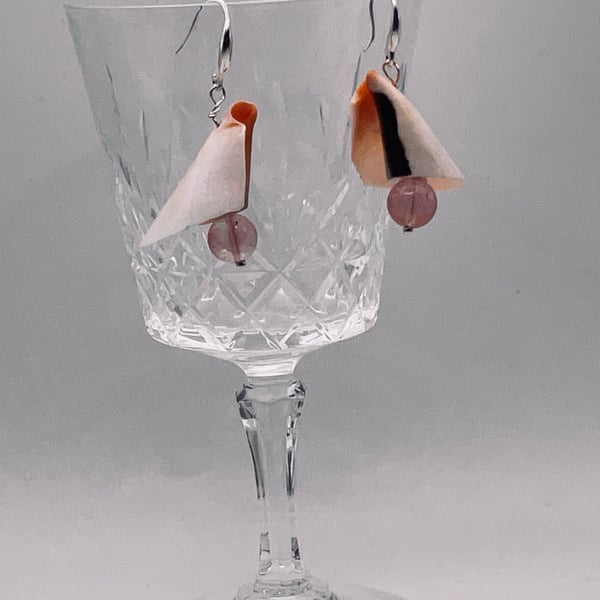 Peach and black curled shell drop earrings