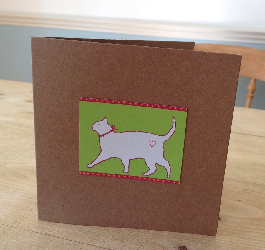 Cat Greetings Card In Green And Red