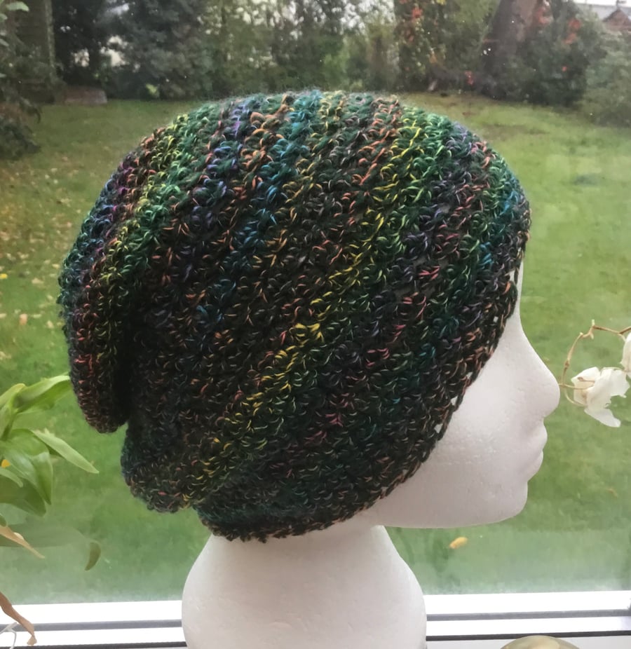 Peacock Rainbow!  Crocheted Beanie or Slouchy in Denys Brunton Designer Yarn.