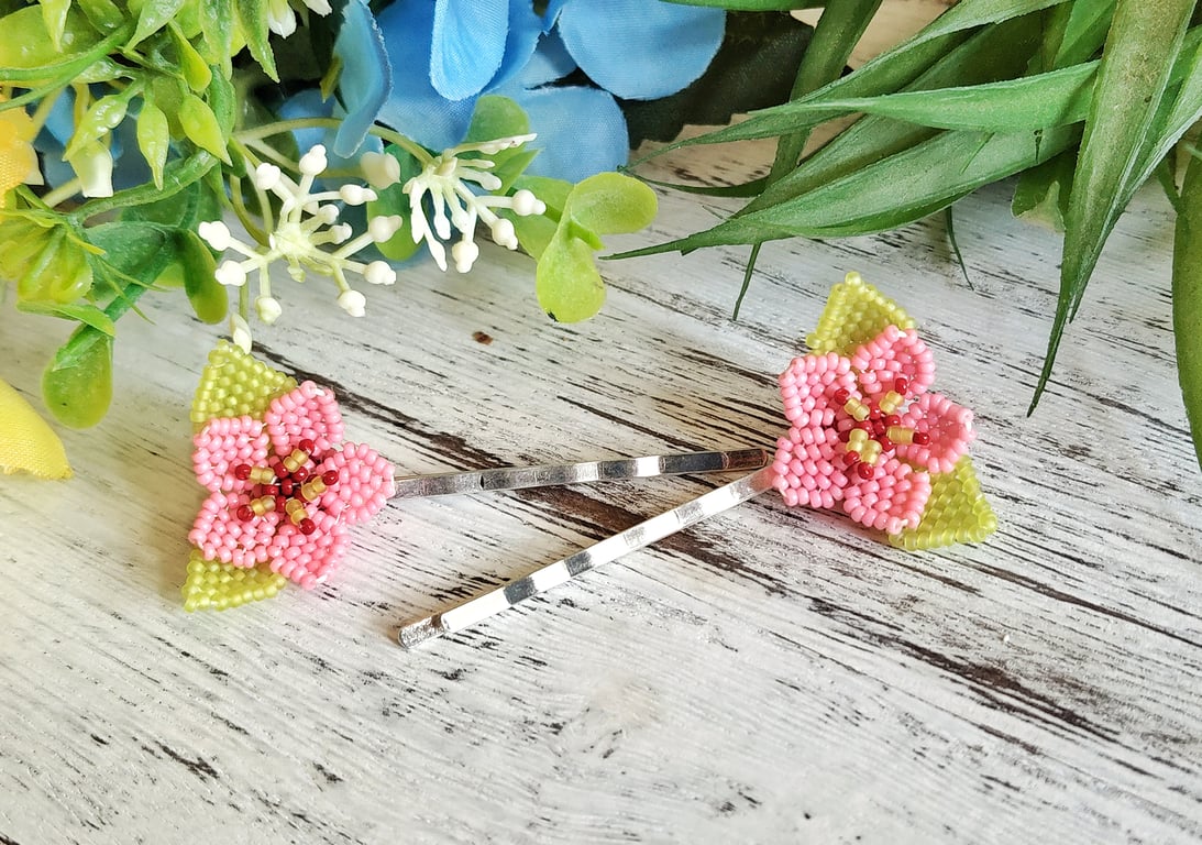 Pink Beaded Flower Hair Pins - Pair