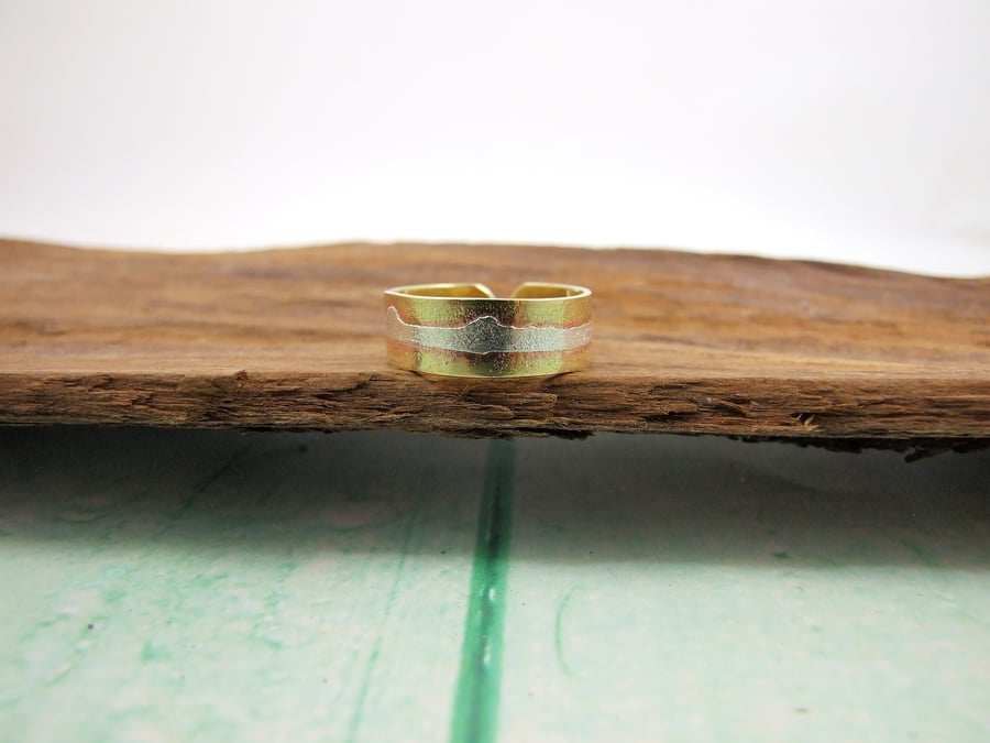 Brass and Sterling Silver Wide Band Fusion Ring. Mountain Landscape, Unisex