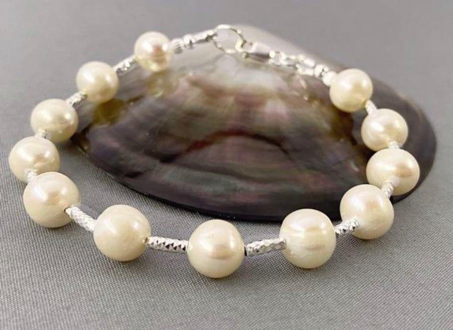 Elegant Bridal Classic Round Ivory Cultured Pearl Sterling Silver Bracelet 