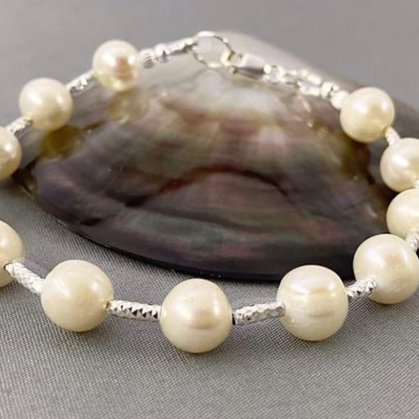 Elegant Bridal Classic Round Ivory Cultured Pearl Sterling Silver Bracelet 