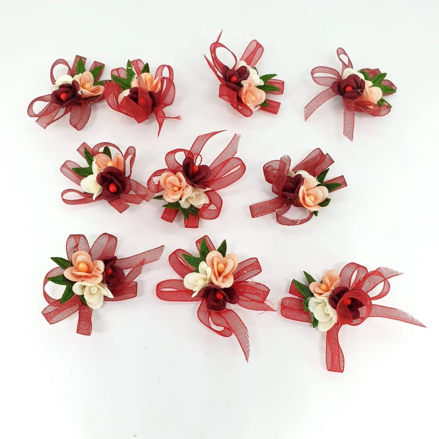 10 Pcs Maroon Organza Flowers Embellishments 25mm - 30mm