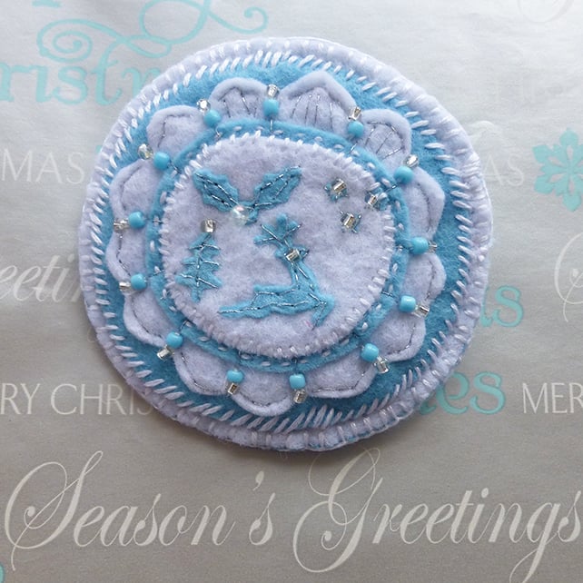 Christmas Brooch - christmass tree, leaping deer & sprig of holly