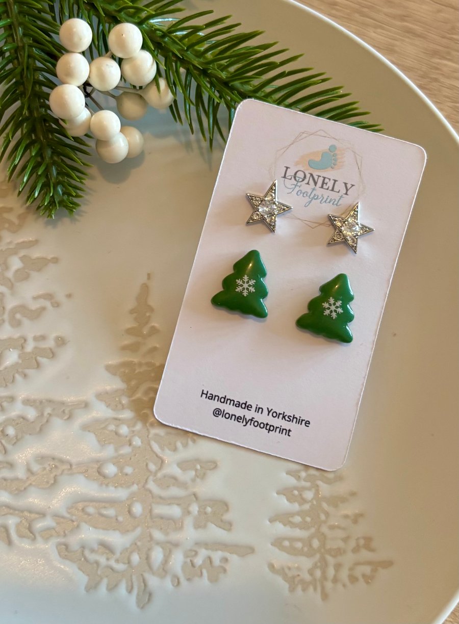 Christmas Tree and Zircon Star Studs Polymer Clay Earrings - Handmade Jewellery 