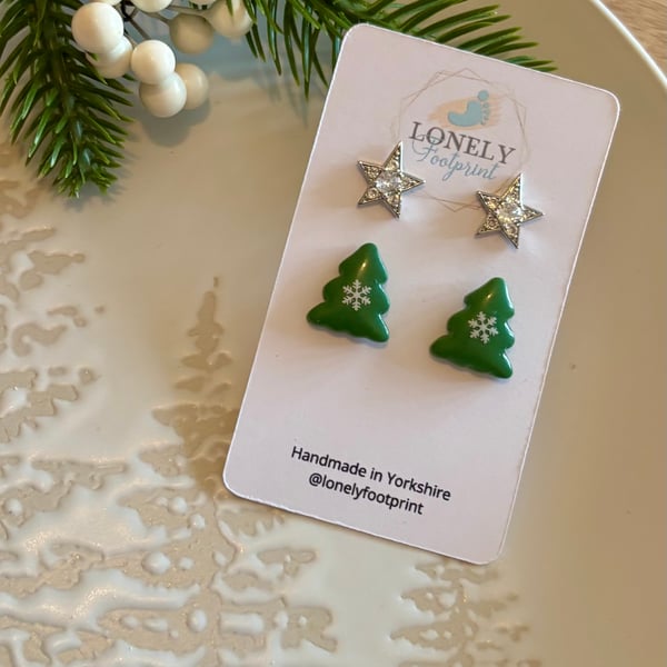 Christmas Tree and Zircon Star Studs Polymer Clay Earrings - Handmade Jewellery 