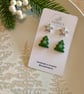 Christmas Tree and Zircon Star Studs Polymer Clay Earrings - Handmade Jewellery 