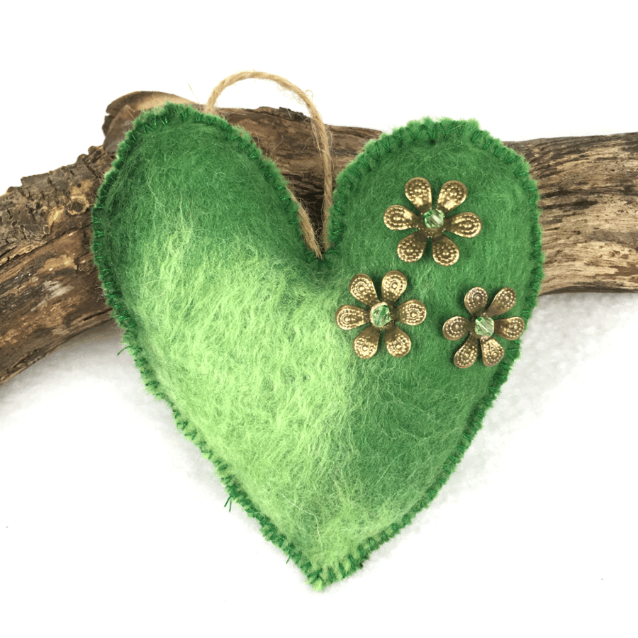 Felted padded hanging heart in shades of green merino wool  (1)