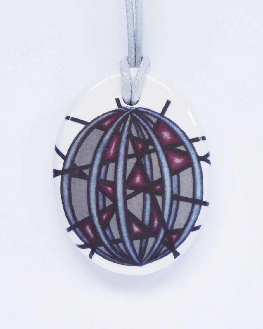Geometric Artwork Design Oval Ceramic Pendant on Grey Cord with Lobster Clasp