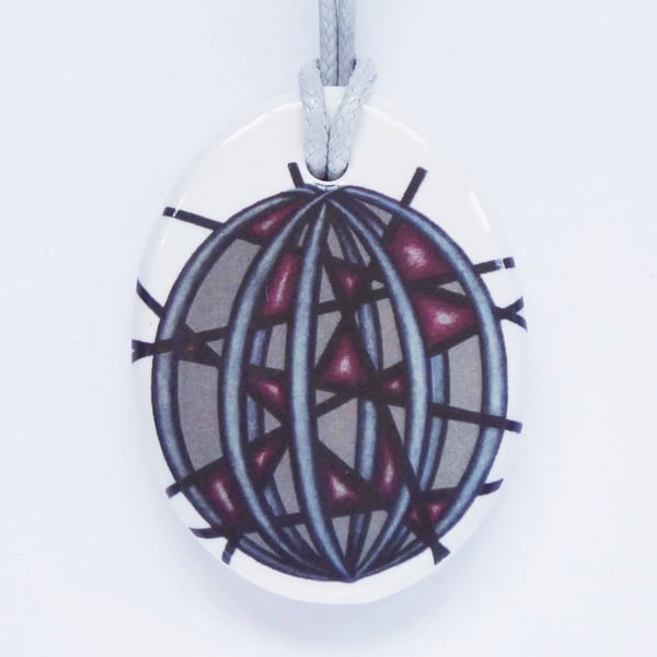 Geometric Artwork Design Oval Ceramic Pendant on Grey Cord with Lobster Clasp