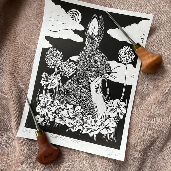 "Rabbit in Clover" open edition lino print original design, handprinted  mounted