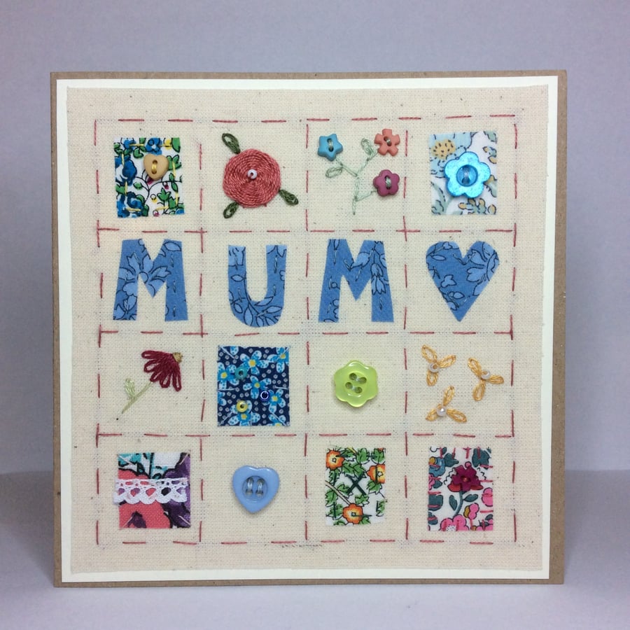 Patchwork brights hand embroidered Mum card