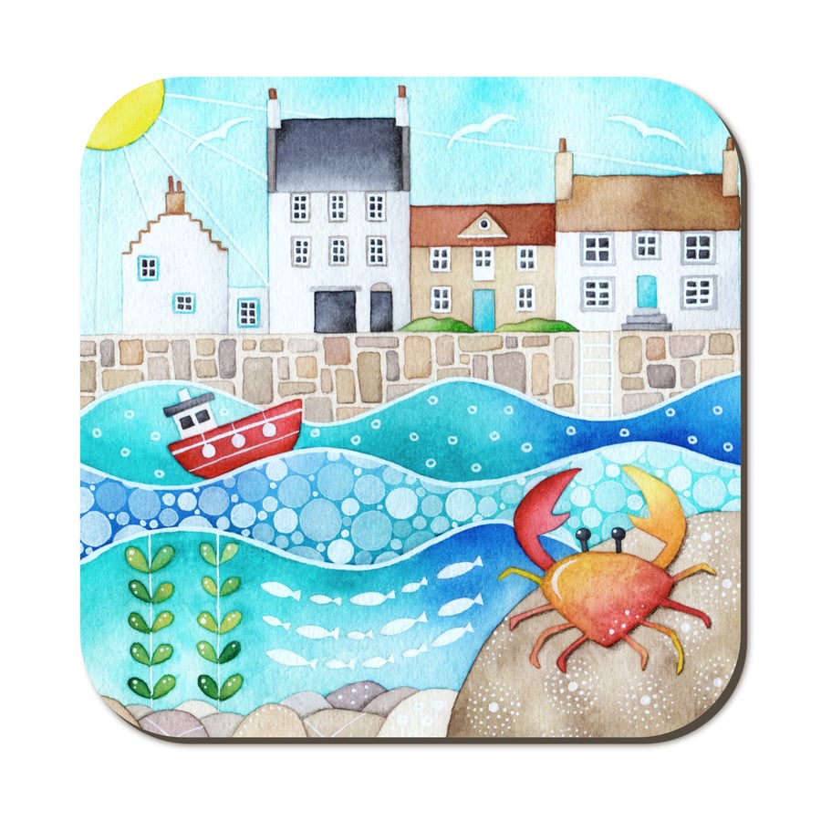 Crab Coaster. Cute Seaside Watercolour Painting. Crail Harbour East Neuk of Fife