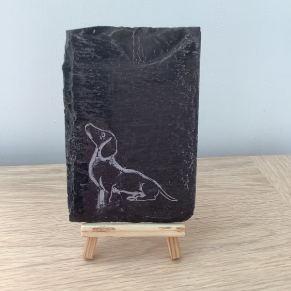 Cute Dachshund (Sausage Dog) - original art picture hand carved on slate