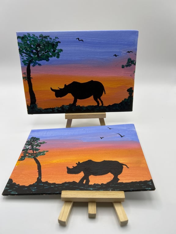 Original rhino paintings set of 2 wildlife sunset art with mini easels 