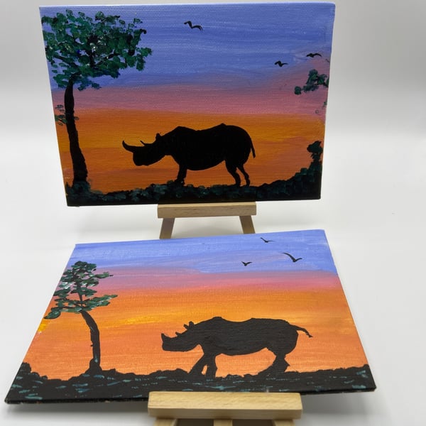 Original rhino paintings set of 2 wildlife sunset art with mini easels 