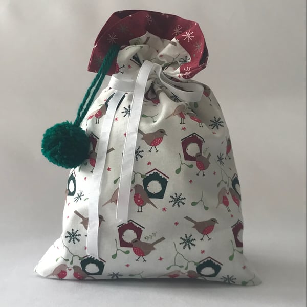 Reusable cotton drawstring gift bag - Robin and Misletoe fabric 