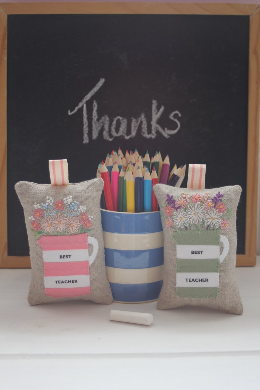 'Best Teacher' stripy hand-embroidered lavender bag