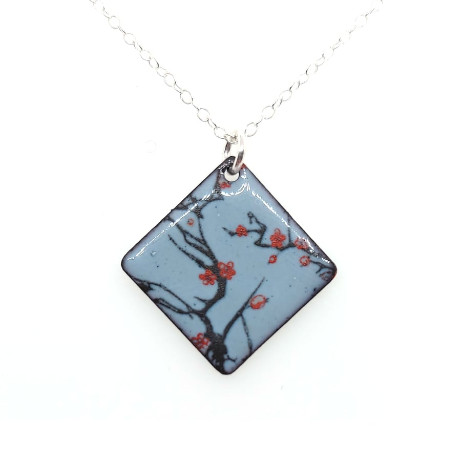 Grey enamel cherry blossom square pendant necklace