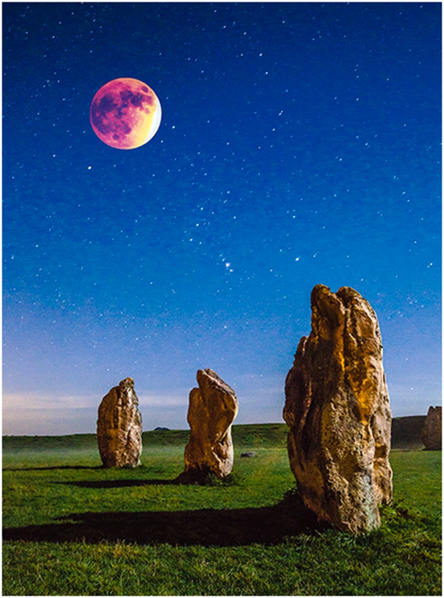 A Blood Moon over the stone circle at Avebury, Wiltshire.  Free UK Postage!