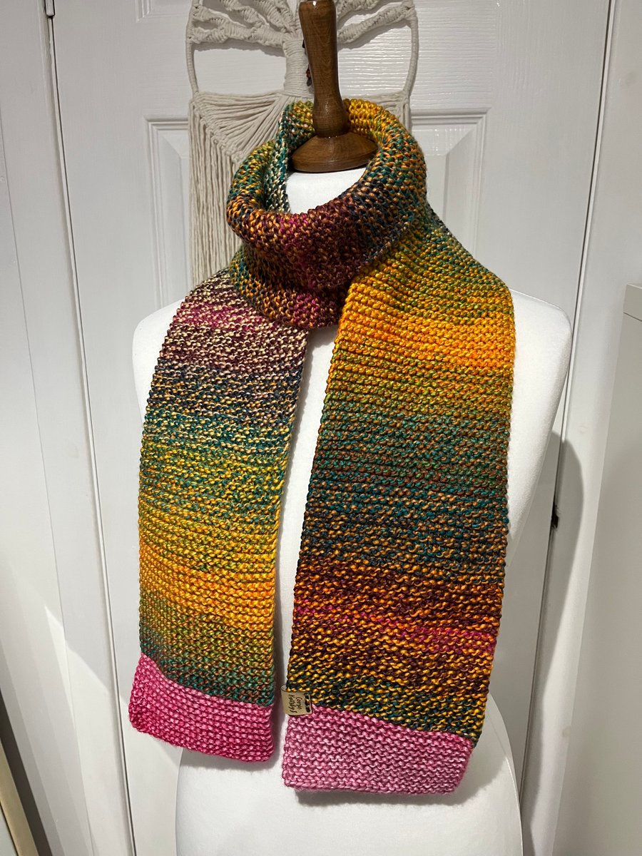 Scarf Multicoloured acrylic yarn 168cms long edged in Pink,  Aurora coloured 