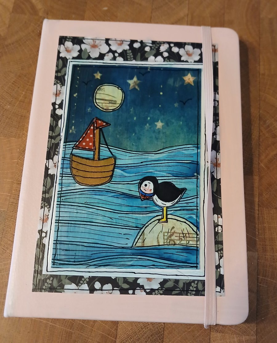 Quirky art , whimsical A5 lined hardback notebook with original puffin picture