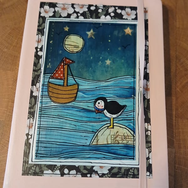 Quirky art , whimsical A5 lined hardback notebook with original puffin picture