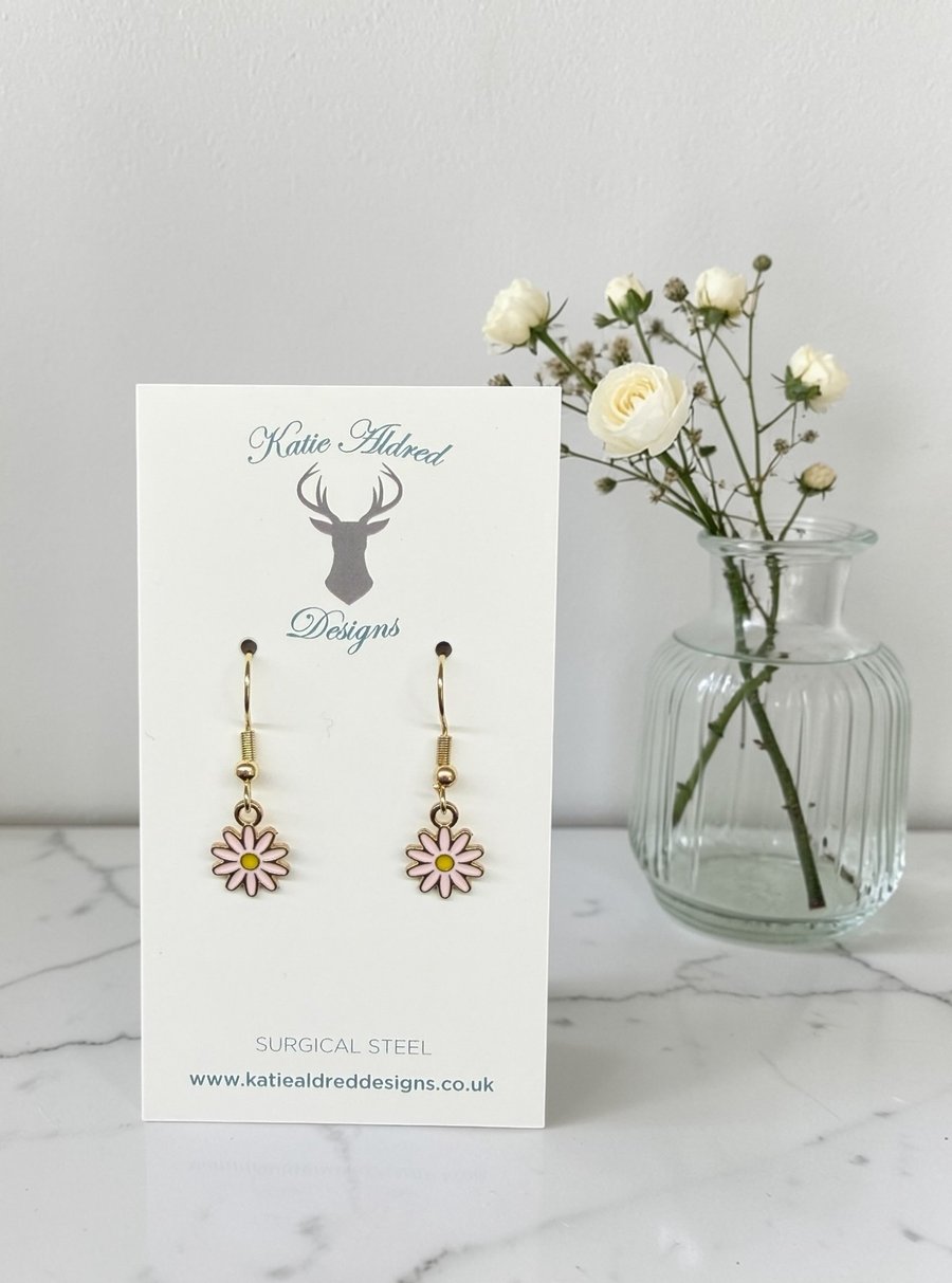 Charm Earrings - Enamel Daisy - Ice Pink