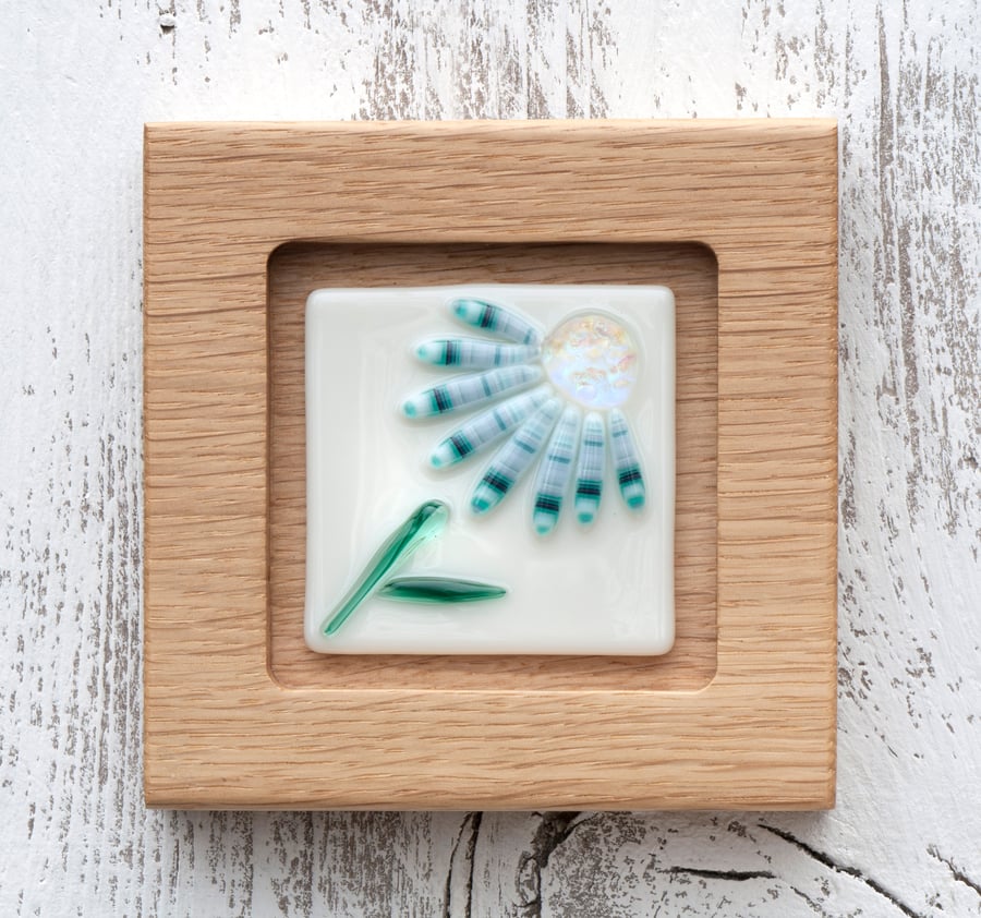 Fused Glass Picture - Teal Daisy with Dichroic Centre