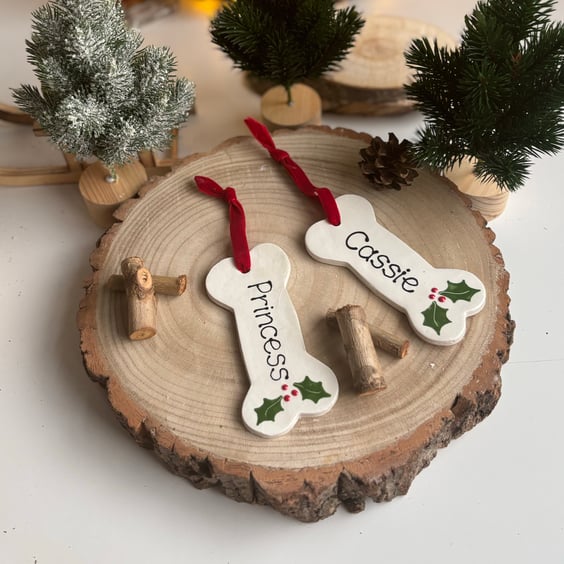 Personalised Hanging Dog Bone Christmas Tree Decoration