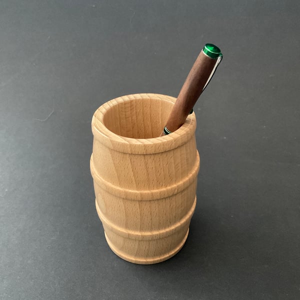 Wooden barrel shaped pen or pencil pot made from beech hardwood