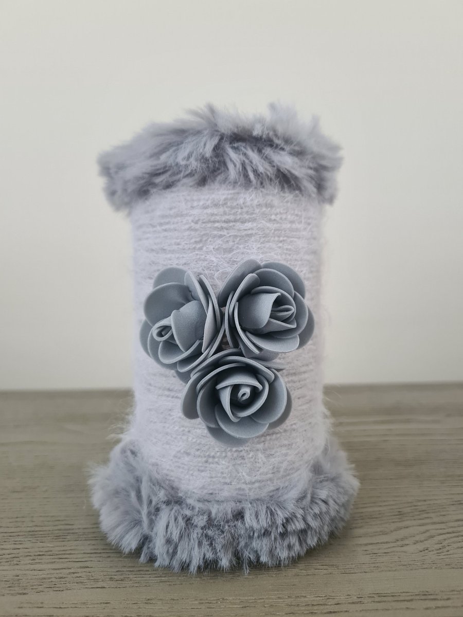 Handmade Upcycled Glass Vase,Grey Cashmere Blend Yarn,Faux Fur And Foam Roses