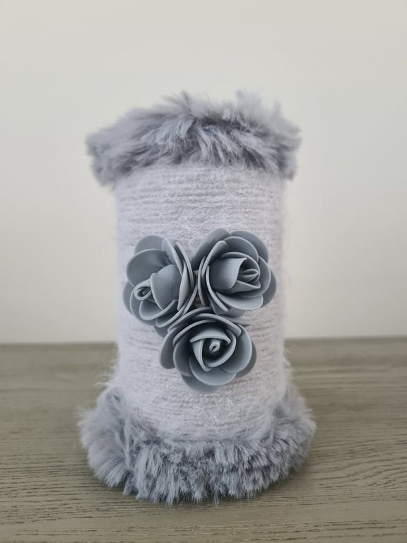 Handmade Upcycled Glass Vase,Grey Cashmere Blend Yarn,Faux Fur And Foam Roses