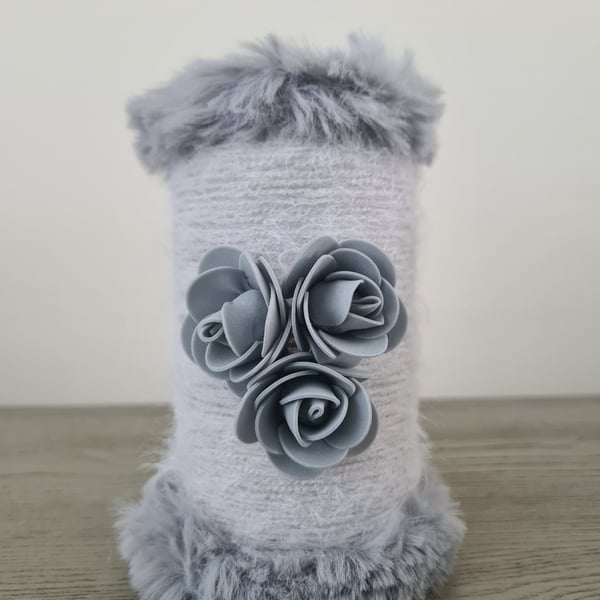 Handmade Upcycled Glass Vase,Grey Cashmere Blend Yarn,Faux Fur And Foam Roses