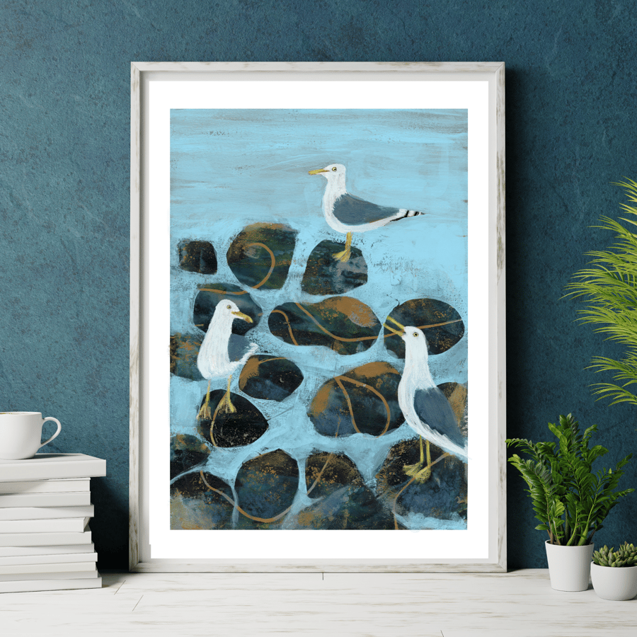 Seaside coastal  art print seagull art sale