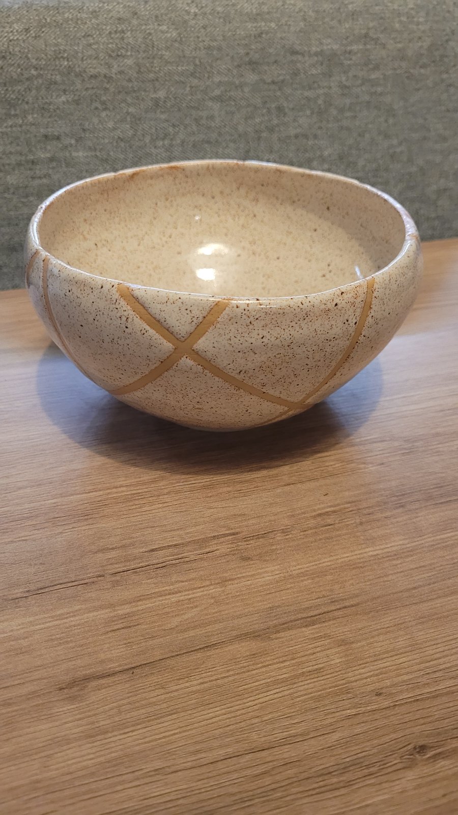 Speckled Cream Bowl with Geometric Pattern Handmade Pottery