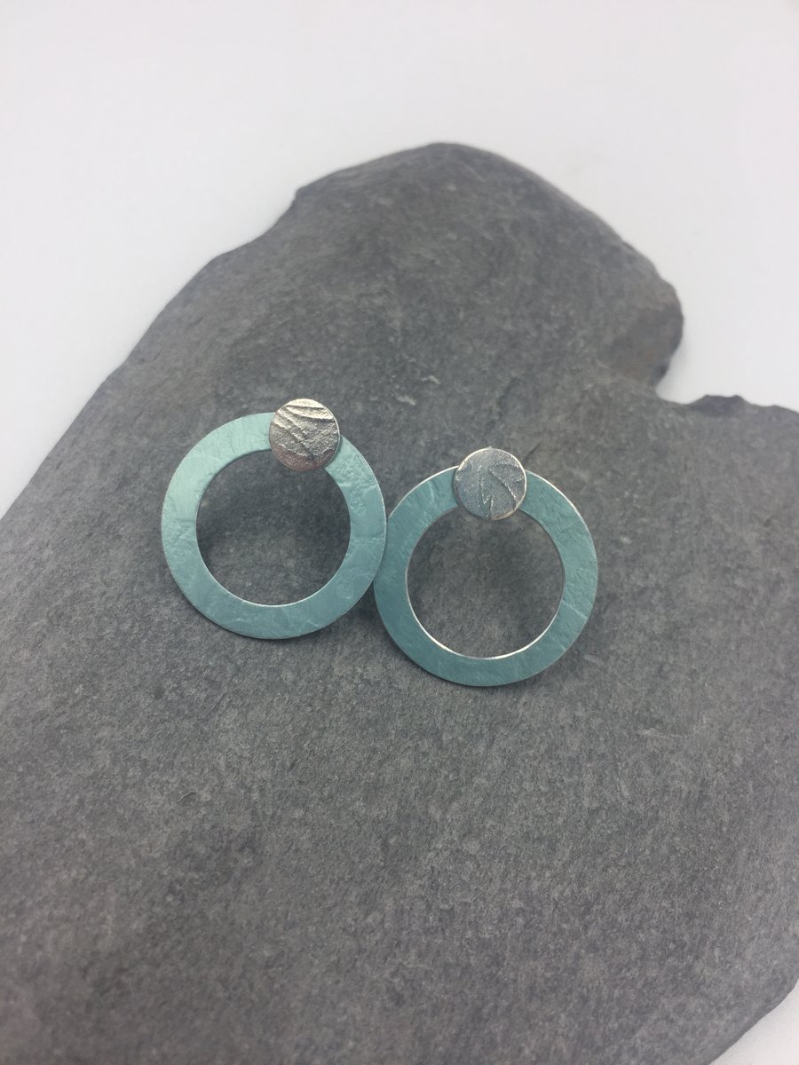 2 in 1 silver and teal textured hoop studs