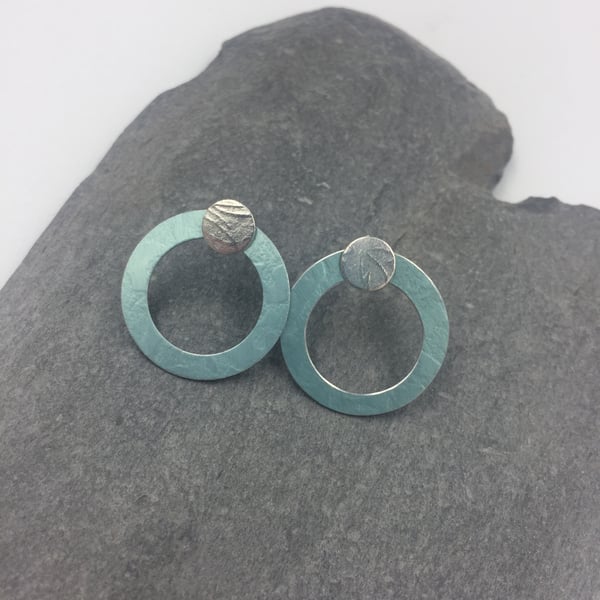 2 in 1 silver and teal textured hoop studs