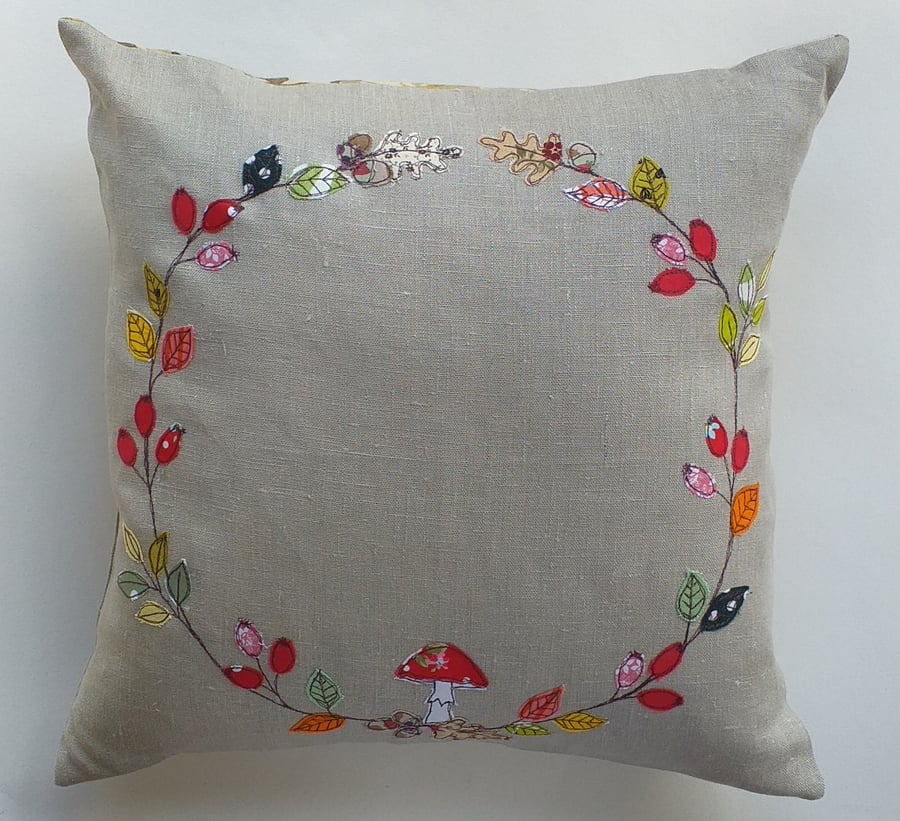 Cushion with Embroidered Autumn Wreath