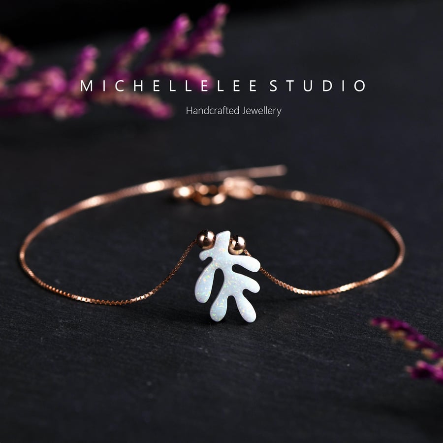 Fire Opal Tree Leaf Bracelet with 925 Sterling Silver Chain