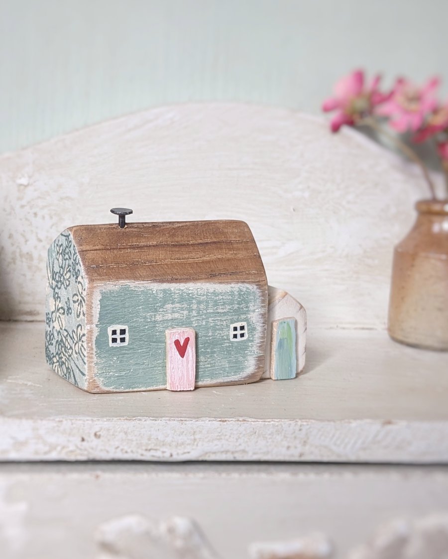 Little Handmade Painted Wooden House with Teeny Side Shed