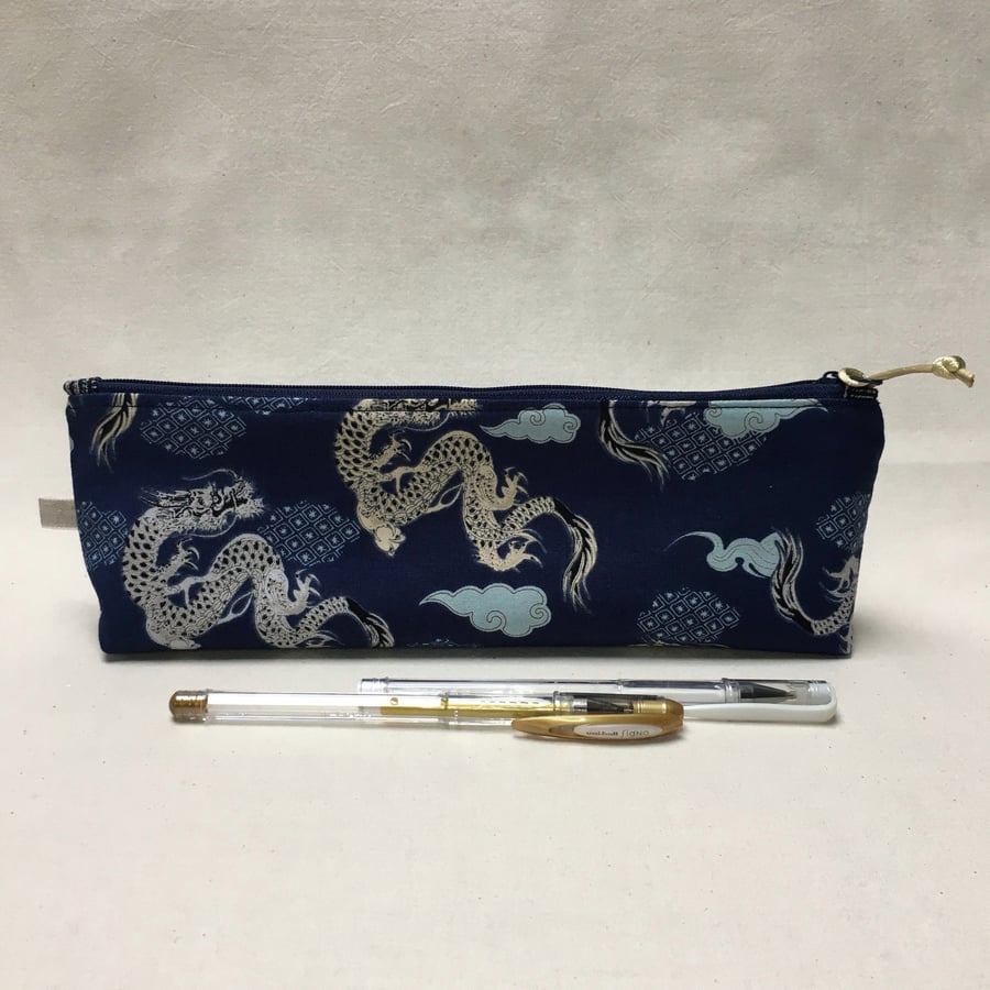 Blue Dragons Japanese Fabric Pencil Pouch or Case