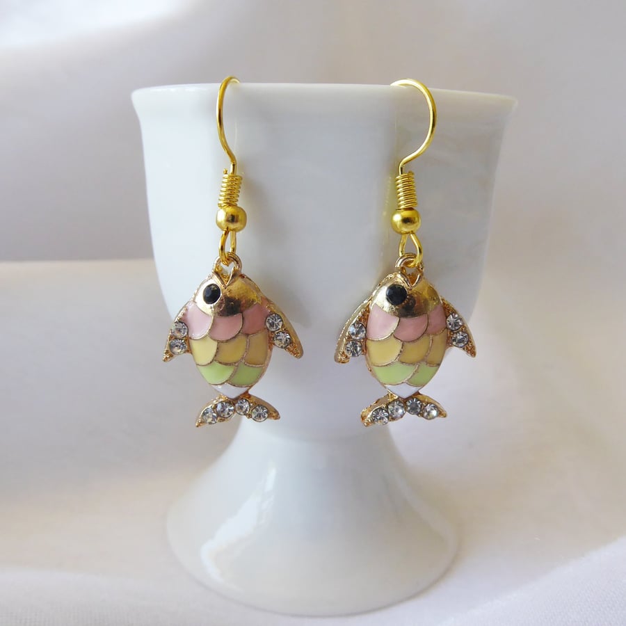 Pink Yellow & Green Fish Earrings with Enamel and Rhinestones 