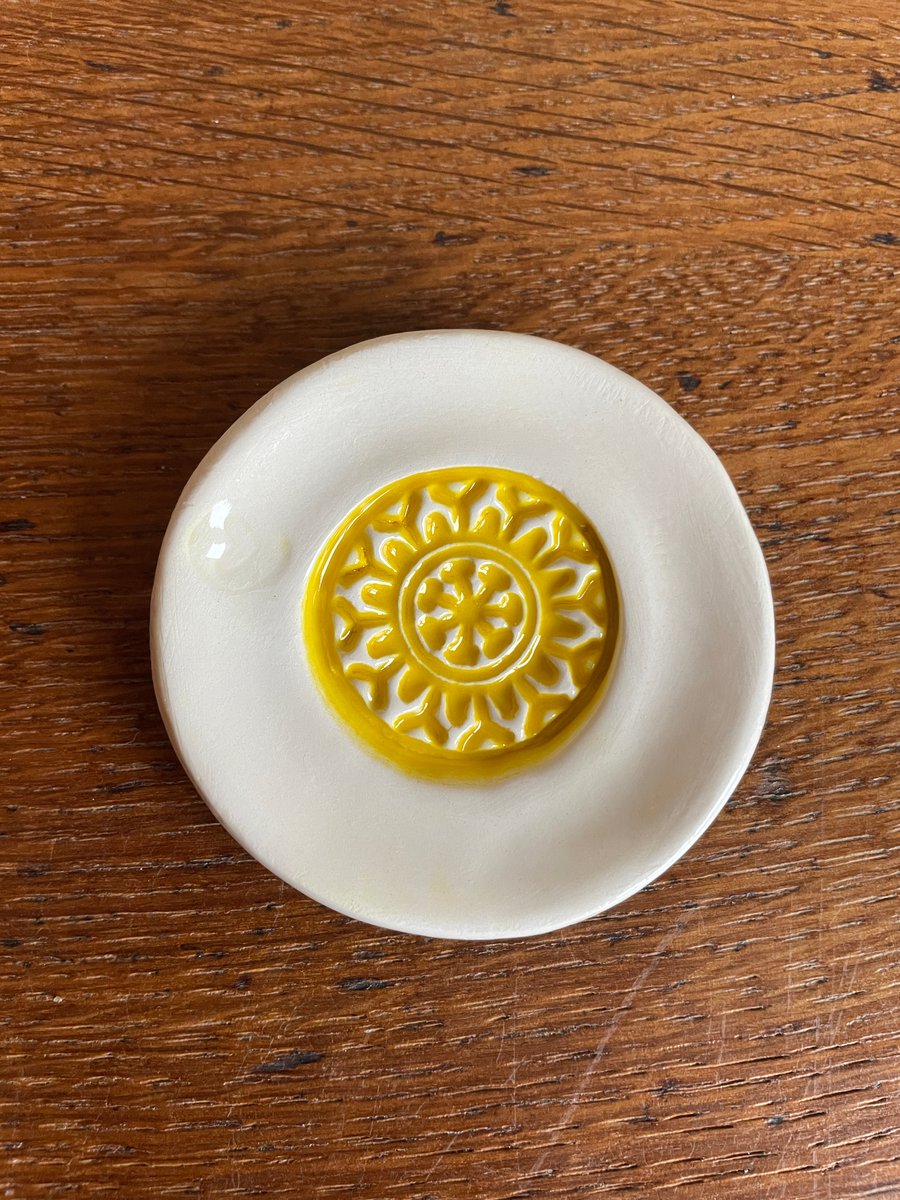 SALE! - Ceramic ring dish with yellow mandala